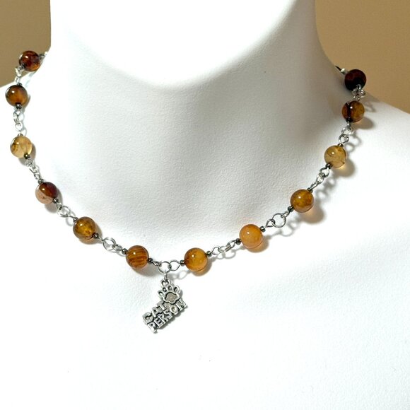 Genuine Earthy Carnelian Agate Short Necklace, Gemstone & Cat Person Paw Print - Picture 2 of 15